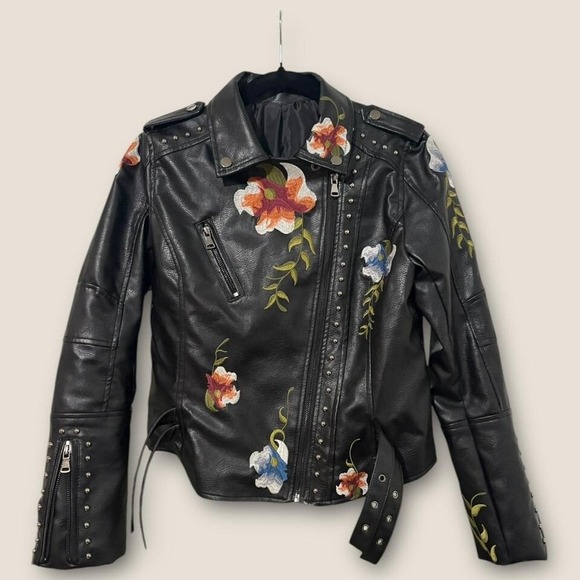 Faux Leather Moto Jacket with Embroidered Flowers- Size M